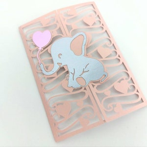 SVG Cricut Baby Shower Invitatios Bebé Elefnat elefante con globo Cortar archivos Plantillas Bebé Niña Género Revelar Tarjetas de fiesta Invitaciones
