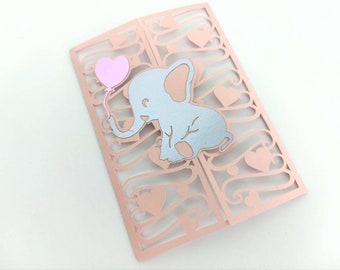 SVG Cricut Baby Shower Invitatios Baby Elephnat elephant with balloon Cut Files Templates Baby Girl Gender Reveal Party Cards Invitations
