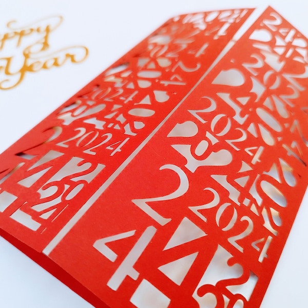 Fichiers SVG 2024 modèles Happy New Year Cartes de Noël Cricut, camée Silhouette, découpé au Laser, cadeaux de Noël Invitation carte de 5 x 7 Gate Fold