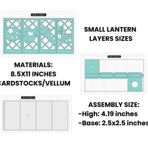 May include: Diagram showing the assembly instructions for a small lantern made from cardstock. The lantern is 4.19 inches high and the base is 2.5 inches by 2.5 inches. The materials needed are 8.5 by 11 inch cardstock or vellum.