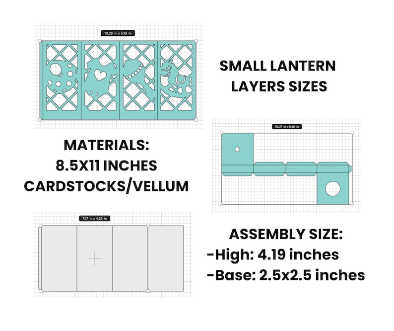May include: Diagram showing the assembly instructions for a small lantern made from cardstock. The lantern is 4.19 inches high and the base is 2.5 inches by 2.5 inches. The materials needed are 8.5 by 11 inch cardstock or vellum.