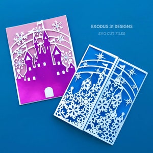 2 SVG Cricut Cut Files Frozen Birthday Party Invitation Set Princess Snowflake Winter Castle Gate Fold Envelope Laser Cut Die Cut Cardmaking