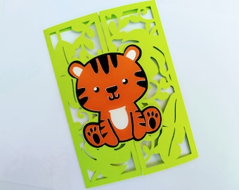 SVG Layered template Cricut Baby Shower Invitation Baby Tiger Jungle safari Boy Cut Files Gender Reveal Party Cards Cameo laser cut Two Wild