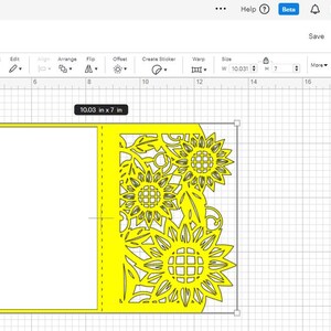 May include: A digital design for a sunflower-themed card. The design features a yellow card with a cut-out design of sunflowers and leaves. The card is 10 inches by 7 inches.