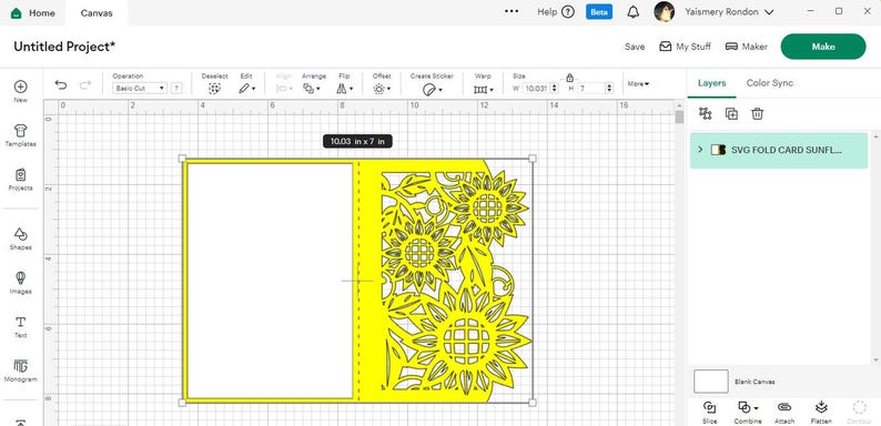 May include: A digital design for a sunflower-themed card. The design features a yellow card with a cut-out design of sunflowers and leaves. The card is 10 inches by 7 inches.