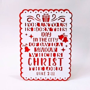 Tarjetas SVG Cricut Versículo bíblico de Navidad Lucas 2:11 Plantilla Tarjeta de dos capas Silhouette Cameo Archivo DXF cortado con láser Feliz Navidad Jesús Natividad