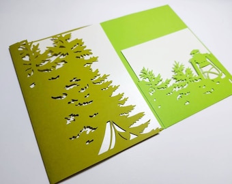 5x7 SVG laserskuren bröllopsinbjudan campingträd trippelviktskort Cricut-klippfil Cricut-silhuett campingbröllopskogskort papperspyssel