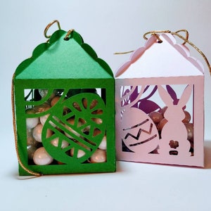 SVG Vorlagen 2 Ostern Favor Box Cricut Silhouette Cameo Laser Cut Frohe Ostern Candy Box für Kinder Geschenke Box Vorlage Ostern Kaninchen Eier