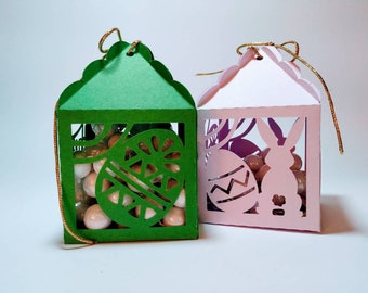 Modelos SVG 2 Caixa de lembrancinhas de Páscoa Cricut Silhouette Cameo Laser Cut Caixa de doces de Páscoa feliz para crianças Modelo de caixa de presentes Coelhos de Páscoa Ovos