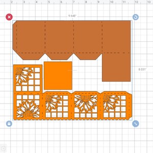 Puede incluir: Una plantilla imprimible para una caja de papel artesanal 3D con un dise&ntilde;o de girasol. La caja est&aacute; hecha de cartulina naranja y tiene una base cuadrada. La plantilla incluye instrucciones para ensamblar la caja.