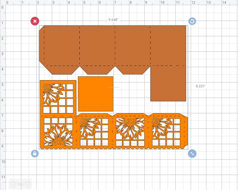 Puede incluir: Una plantilla imprimible para una caja de papel artesanal 3D con un dise&ntilde;o de girasol. La caja est&aacute; hecha de cartulina naranja y tiene una base cuadrada. La plantilla incluye instrucciones para ensamblar la caja.