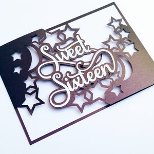 Invitation découpée au laser 5 x 7 modèles SVG Sweet Sixteen Moon étoiles Gate Fold Cards Cricut 16e anniversaire Party couper fichier Silhouette camée