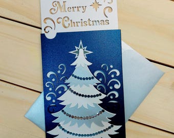 クリスマスツリーカード 3D SVG スライダー ポケットカード テンプレート Cricut Silhouette Cameo レーザーカット レイヤードカット ファイル メリークリスマス スターカード 渦巻き