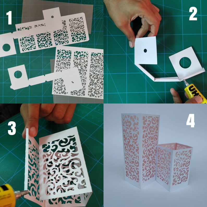 May include: Four steps showing how to assemble a white paper lantern with a delicate floral pattern. The lantern is made of several pieces of paper that are glued together. The final product is a beautiful and intricate lantern.