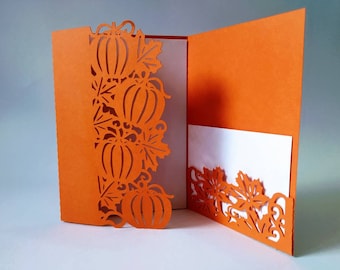 SVG Pumpkins Invitation Card Cricut Cut Files THANKSGIVING Pumpkin Tri Fold Card Templates Autumn Leaves Fall Silhouette Cameo Laser Cut DIY