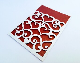 Modèle de porte-invitation SVG faire-part de mariage carte d'anniversaire coeurs tourbillons svg coupe fichiers manche carte coupe fichiers Cricut Silhouette camée