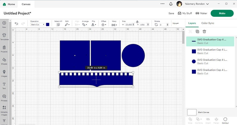 Puede incluir: Un dise&ntilde;o para un gorro de graduaci&oacute;n, mostrado en un programa de dise&ntilde;o digital. El gorro es azul y tiene un borl&oacute;n. El dise&ntilde;o tiene 59,6 cm de ancho y 11,8 cm de alto.