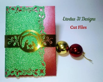 May include: A red and green Christmas card with a gold glitter design. The card features a nativity scene with the words "Exodus 31 Designs Cut Files" printed on the right side.