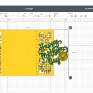 Op de afbeelding: Een Cricut Design Space-scherm met een digitaal ontwerp voor een kaart met een zonnebloemrand en de tekst "Happy Mother's Day" in groene cursieve letters. Het ontwerp is klaar om op een Cricut-machine te worden gesneden.