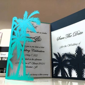Invitación de boda en la playa cortada con láser SVG de 5 x 7, tarjeta tríptico con palmeras, archivo de corte Cricut, invitación de boda de verano, Cricut Silhouette Cameo SVG