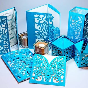 7 SVG Schnittdateien Cricut Set Marine Thema Unter Meer Strand Hochzeitseinladung Tri Fold Tasche Umschlag Boxen Laterne Laser Cut Silhouette Cameo