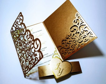 5x7 SVG Laser Cut Wedding Invitation Tri Fold Card Cricut Cut File Silhouette DXF Ai arabesques damask swirly design card luxury invitation