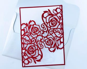 SVG Cricut Laser Cut Invitation Roses  Wedding Template Silhouette Cameo  Roses Theme Invitations Card Quinceanera Sweet Sixteen Holder Card