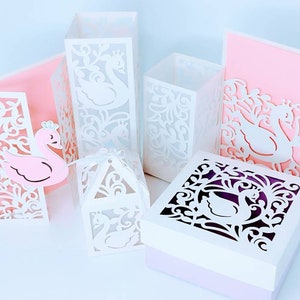 Conjunto de papelaria Bundle Swan Modelos Cricut SVG arquivos de corte Lanterna de papel Chá de bebê favor caixa de presente inserir cartão portão cartão dobrável convites