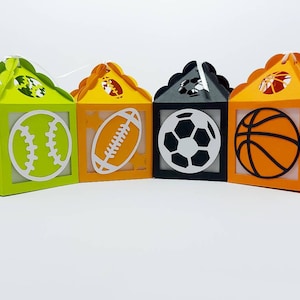 Pacote de esportes SVG Favor Box Modelos de caixa de presente Presentes para meninos Arquivo de corte SVG Cricut Beisebol Futebol Futebol Basquete Silhueta de corte a laser Cameo