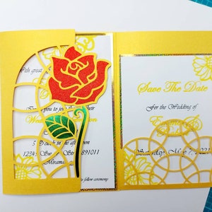 Plantilla SVG Encantada Eterna Rosa Tri Fold Tarjeta de Bolsillo Archivo de Corte Cricut Silueta Cameo Corte Láser La Bella y la Bestia 5x7 Invitación