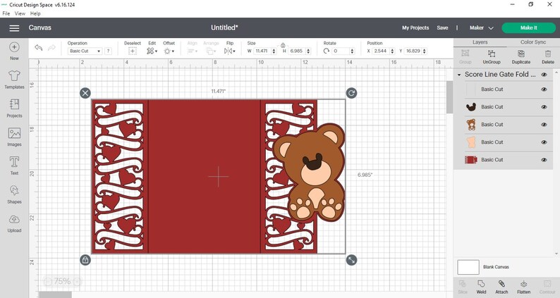 May include: A red card with a white teddy bear and hearts cut out. The card is designed to be folded in half.