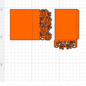 May include: A digital design for a laser cut card with an orange background and a pumpkin and leaf design. The design is for a wedding invitation or announcement.