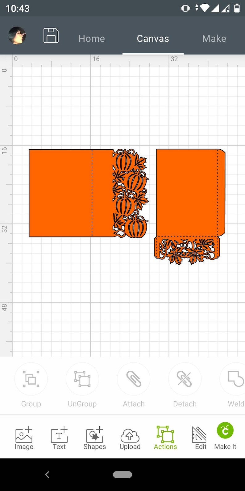 May include: A digital design for a laser cut card with an orange background and a pumpkin and leaf design. The design is for a wedding invitation or announcement.