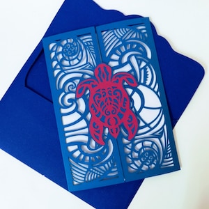 Modello di biglietto pieghevole in formato SVG ispirato all'isola di Maui, file di taglio per inviti Cricut Silhouette Cameo, festa a tema spiaggia Hawaii, file di taglio tartaruga maori