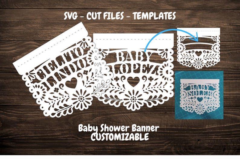 May include: White paper cut-out banner with a floral design and the text "BRINDIGE BABY" and "BABY LOPEZ". The banner is customizable and can be used for a baby shower.