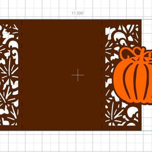 May include: A brown card with a cut-out design of leaves and vines. A large orange pumpkin with a stem and leaves is cut out and attached to the right side of the card.