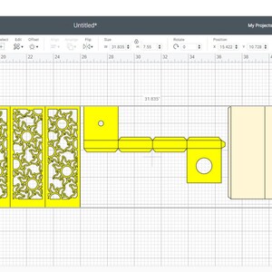 May include: A digital design for a lantern with a yellow background and a cut-out pattern of suns. The design is divided into five sections, with the score lines indicated. The design is labeled "Score Line Lantern Rapunzel."