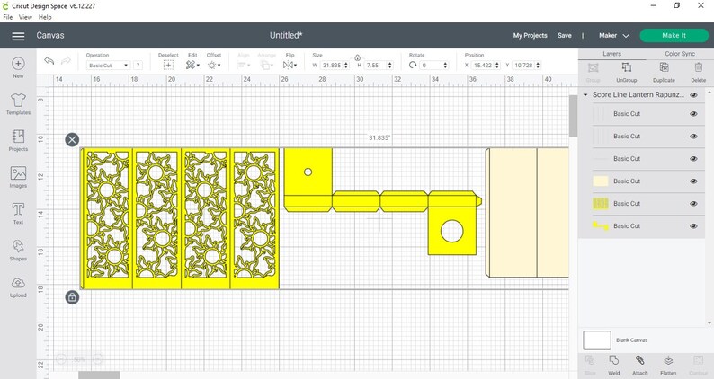 May include: A digital design for a lantern with a yellow background and a cut-out pattern of suns. The design is divided into five sections, with the score lines indicated. The design is labeled "Score Line Lantern Rapunzel."