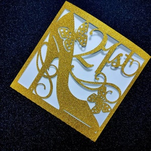 Cartão de bolso de 21º aniversário SVG Modelos de arquivo Cricut Envelope Cartão de aniversário de 21 anos Convite Silhueta Cameo Sapatos de salto alto com corte a laser