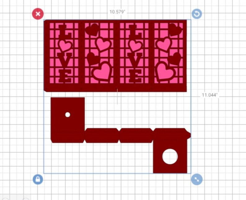 May include: A red cardstock cutout of the word "LOVE" with pink hearts. The cardstock is cut into a design that resembles a window pane. The cardstock is folded to create a 3D effect.