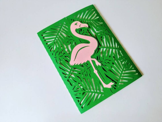 SVG Cricut Cut File Gate Fold Card Flamingo Palm Tree Leaves Summer Birthday Card Invitation Card Tropical Leaves Laser Cut Silhouette Cameo