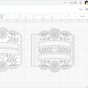 May include: Two banner designs with floral and heart motifs, displayed on a digital canvas. The designs are intricate, featuring decorative borders and spaces for text. The software interface includes a menu bar and layer options.