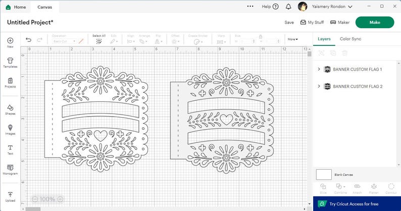 May include: Two banner designs with floral and heart motifs, displayed on a digital canvas. The designs are intricate, featuring decorative borders and spaces for text. The software interface includes a menu bar and layer options.