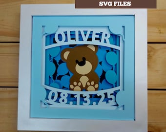 3D SVG Shadow Box Teddy Bear Balloons Customizable Cricut Template Silhouette Cameo Cut Files Baby Shower baby room sign name