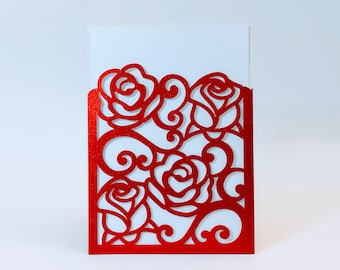 SVG Invitation Holder Roses template Wedding Invitation Anniversary Card Roses Swirls Cut File Sleeve Card Cricut Silhouette Cameo Laser cut