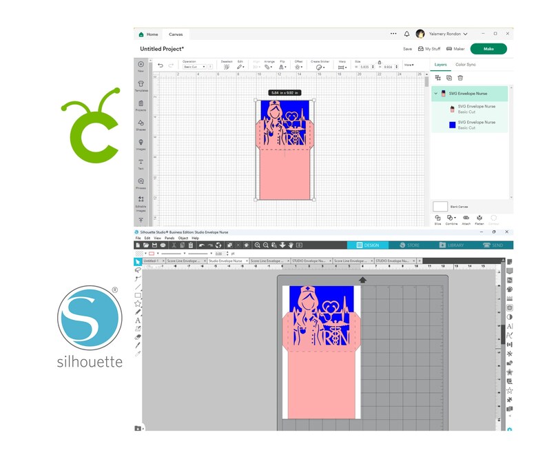 May include: A digital design for a nurse themed envelope with a silhouette of a nurse with a stethoscope and the text "I'm a Nurse" and "RN". The design is in blue and pink colors.