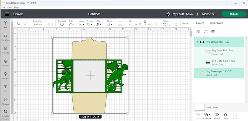 May include: A digital design for a green dinosaur-themed gate fold card with a square opening in the center. The design is shown on a computer screen with a grid background. The design is labeled "Svg Gate Fold T-rex" and "Svg Envelope 5.2x5.2".