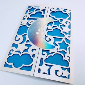 ゲートフォールドカード SVG 招待状 テンプレート ベビーシャワー 月 星 雲 カットファイル Cricut かわいい月カード レーザーシルエットカメオ 性別発表