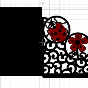 May include: A black card with a decorative design featuring a red ladybug and a red flower with a black center. The design is surrounded by black swirls.