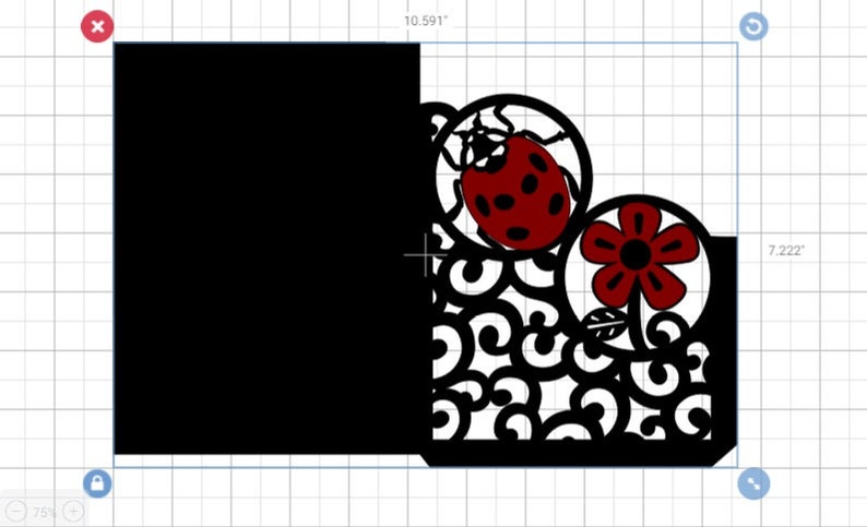 May include: A black card with a decorative design featuring a red ladybug and a red flower with a black center. The design is surrounded by black swirls.